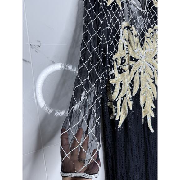 Beaded Silk Laurence Kazar Evening Gown Large VTG Dress Black White Regal Art - Picture 2 of 16